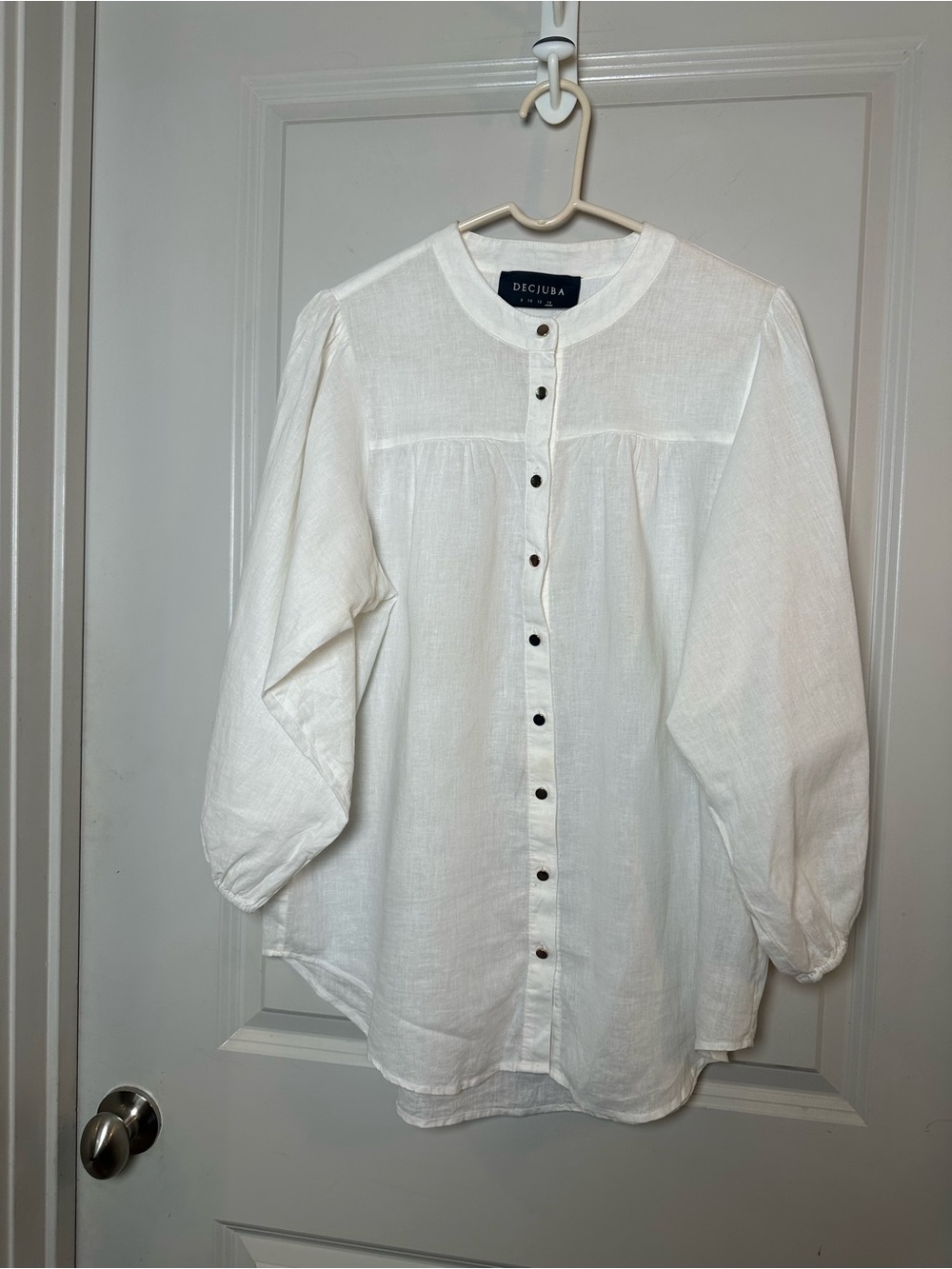 Decjuba Cotton/Linen White Lightweight Mandarin Collar Lantern Sleeves Top, 14